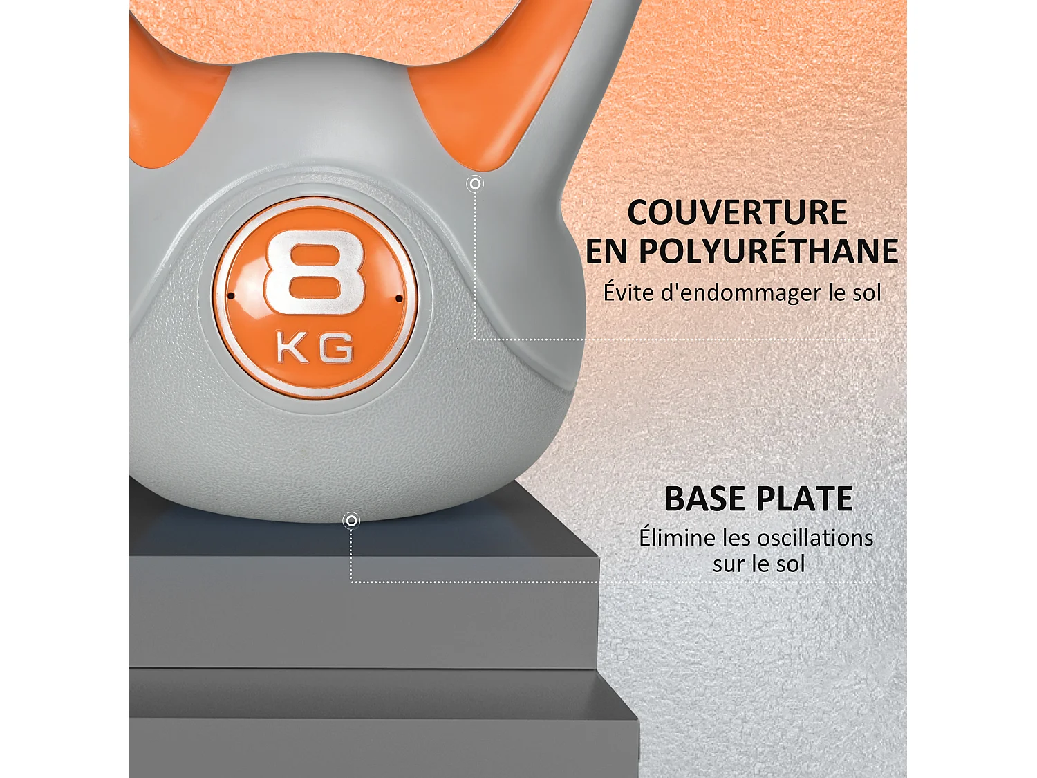 Kettlebell 8 Kg - haltère boule - poignée ergonomique - PU gris orange