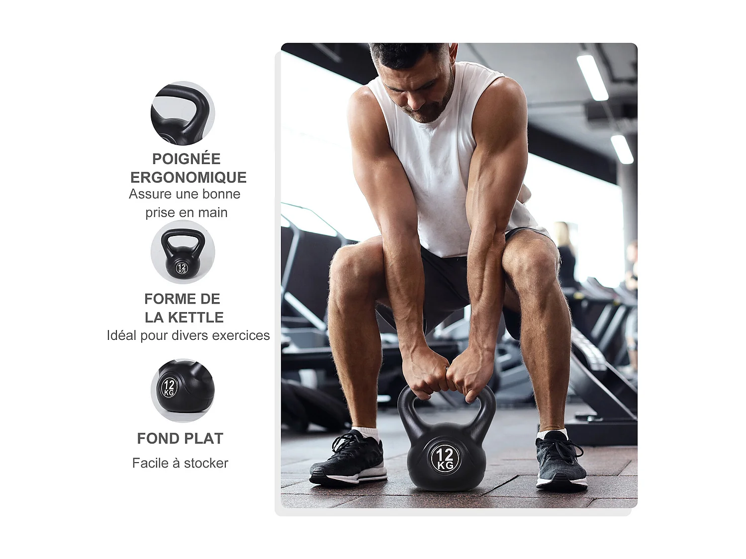 Kettlebell 12 Kg - haltère boule - poignée ergonomique - PVC noir