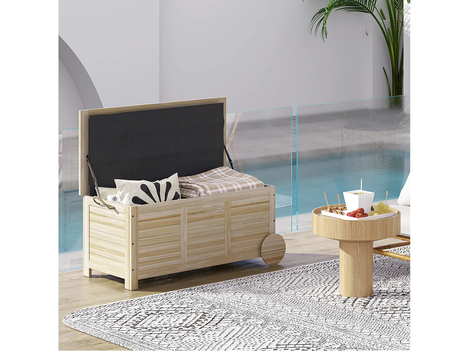 Coffre de jardin 185L banc dim. 110 x 50 x 50 cm - 2 roues, poignée, compas - bois sapin pré-huilé