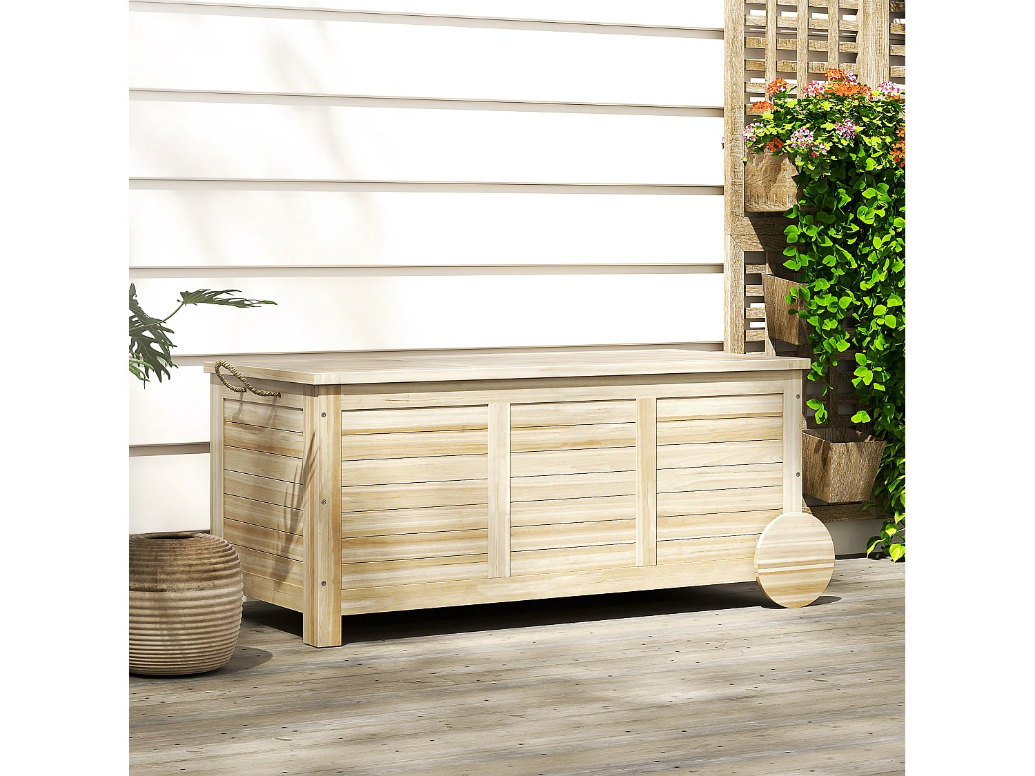 Coffre de jardin 185L banc dim. 110 x 50 x 50 cm - 2 roues, poignée, compas - bois sapin pré-huilé