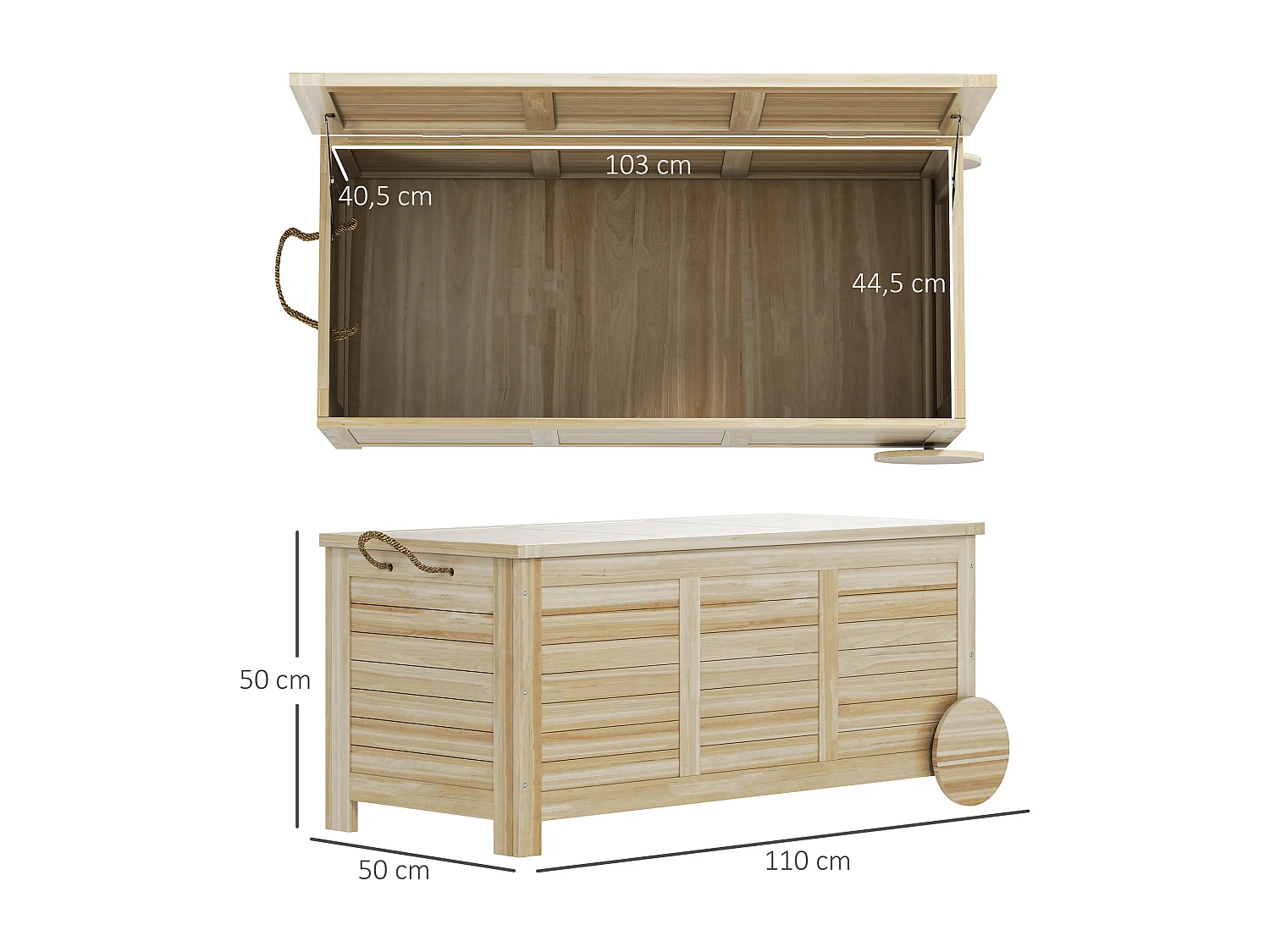 Coffre de jardin 185L banc dim. 110 x 50 x 50 cm - 2 roues, poignée, compas - bois sapin pré-huilé