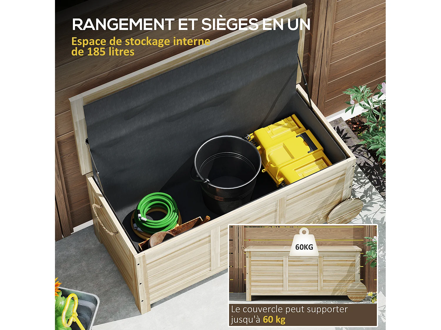 Coffre de jardin 185L banc dim. 110 x 50 x 50 cm - 2 roues, poignée, compas - bois sapin pré-huilé