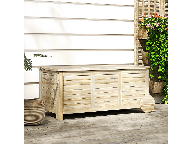 Coffre de jardin 185L banc dim. 110 x 50 x 50 cm - 2 roues, poignée, compas - bois sapin pré-huilé