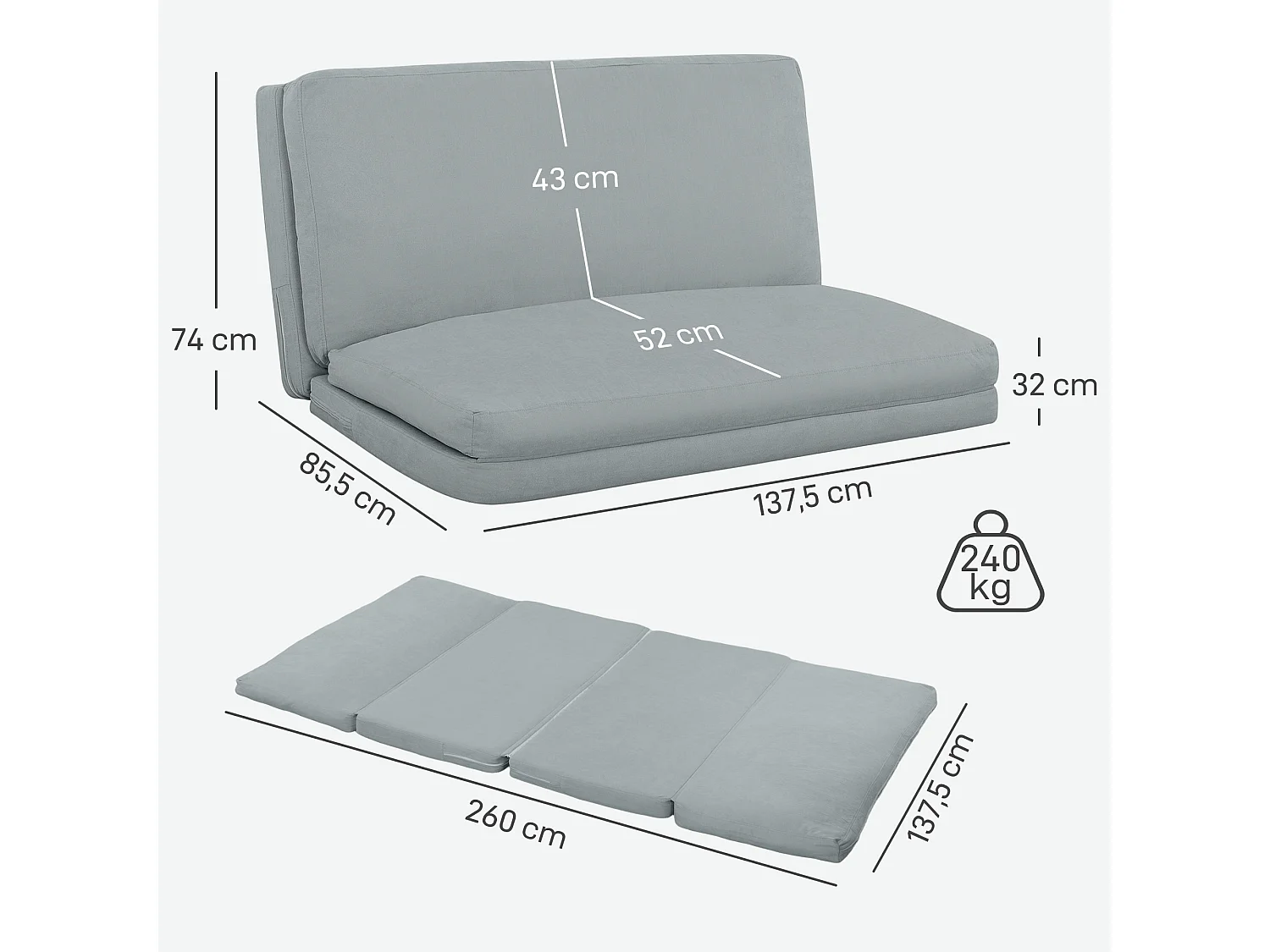 Fauteuil paresseux chauffeuse 4 parties dim. 137,5 x 85,5 x 74 cm tissu toucher lin gris clair