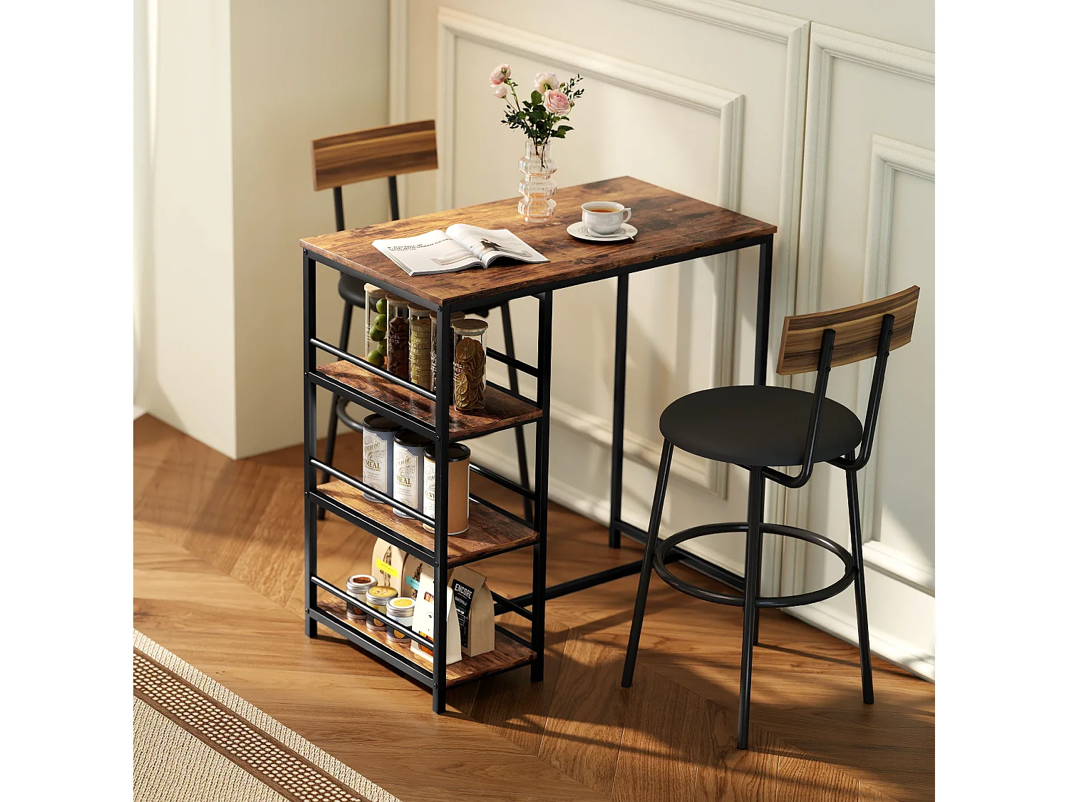 Table de bar mange-debout table haute 3 étagères style industriel dim. 90 x 50 x 90 cm acier noir effet bois vieilli