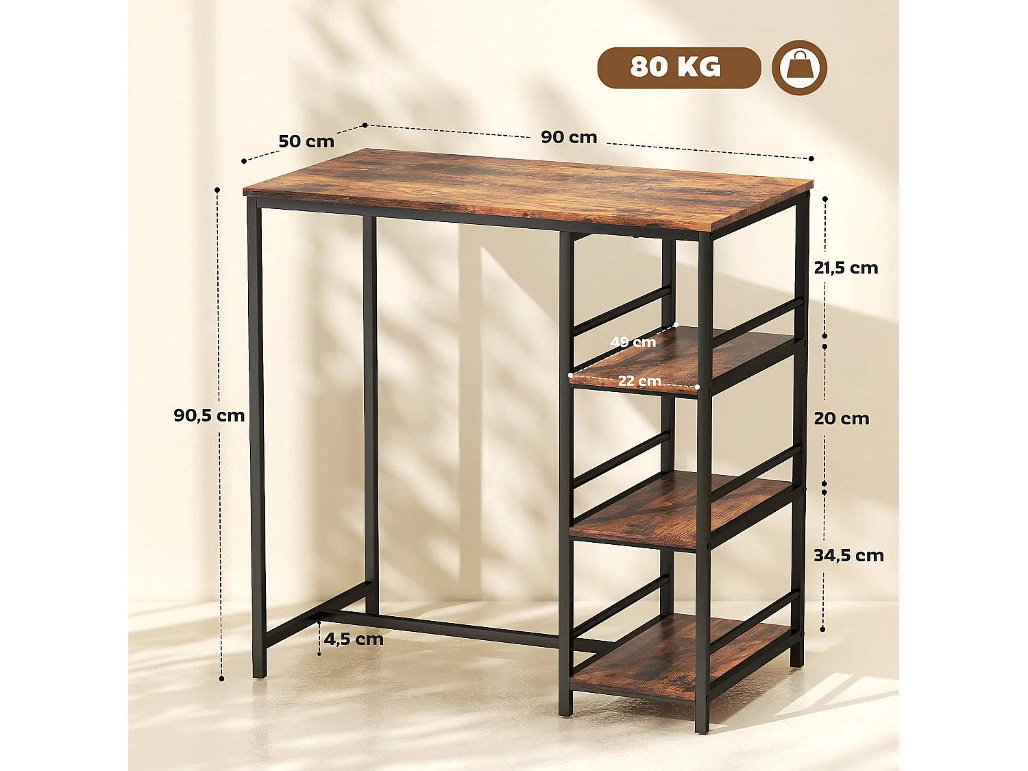 Table de bar mange-debout table haute 3 étagères style industriel dim. 90 x 50 x 90 cm acier noir effet bois vieilli