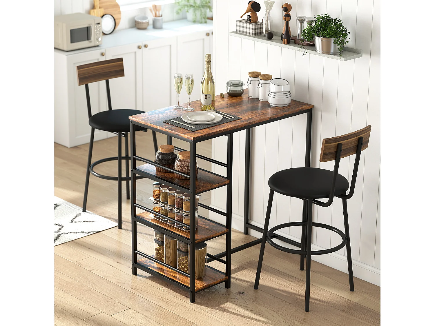 Table de bar mange-debout table haute 3 étagères style industriel dim. 90 x 50 x 90 cm acier noir effet bois vieilli