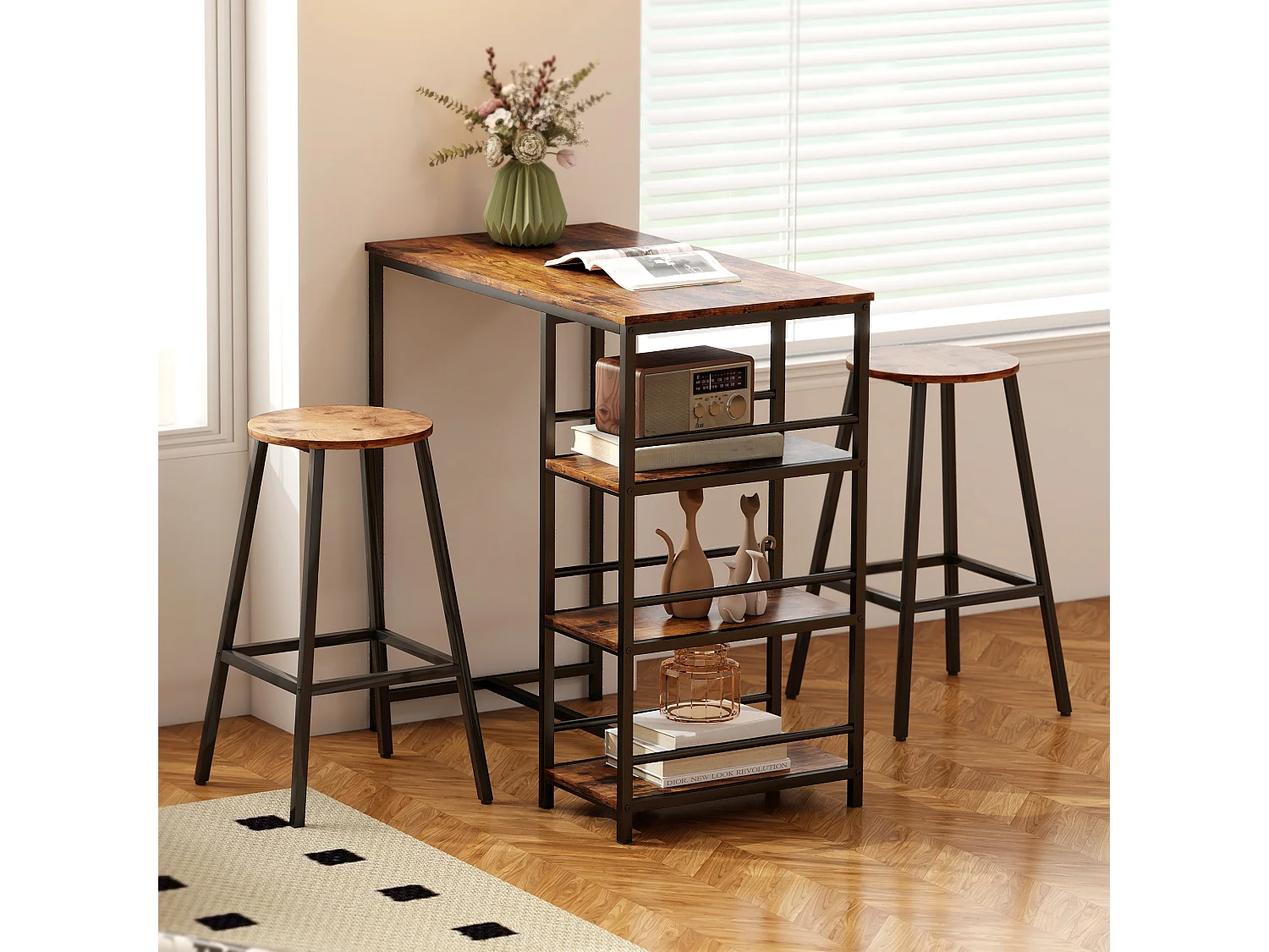 Table de bar mange-debout table haute 3 étagères style industriel dim. 90 x 50 x 90 cm acier noir effet bois vieilli