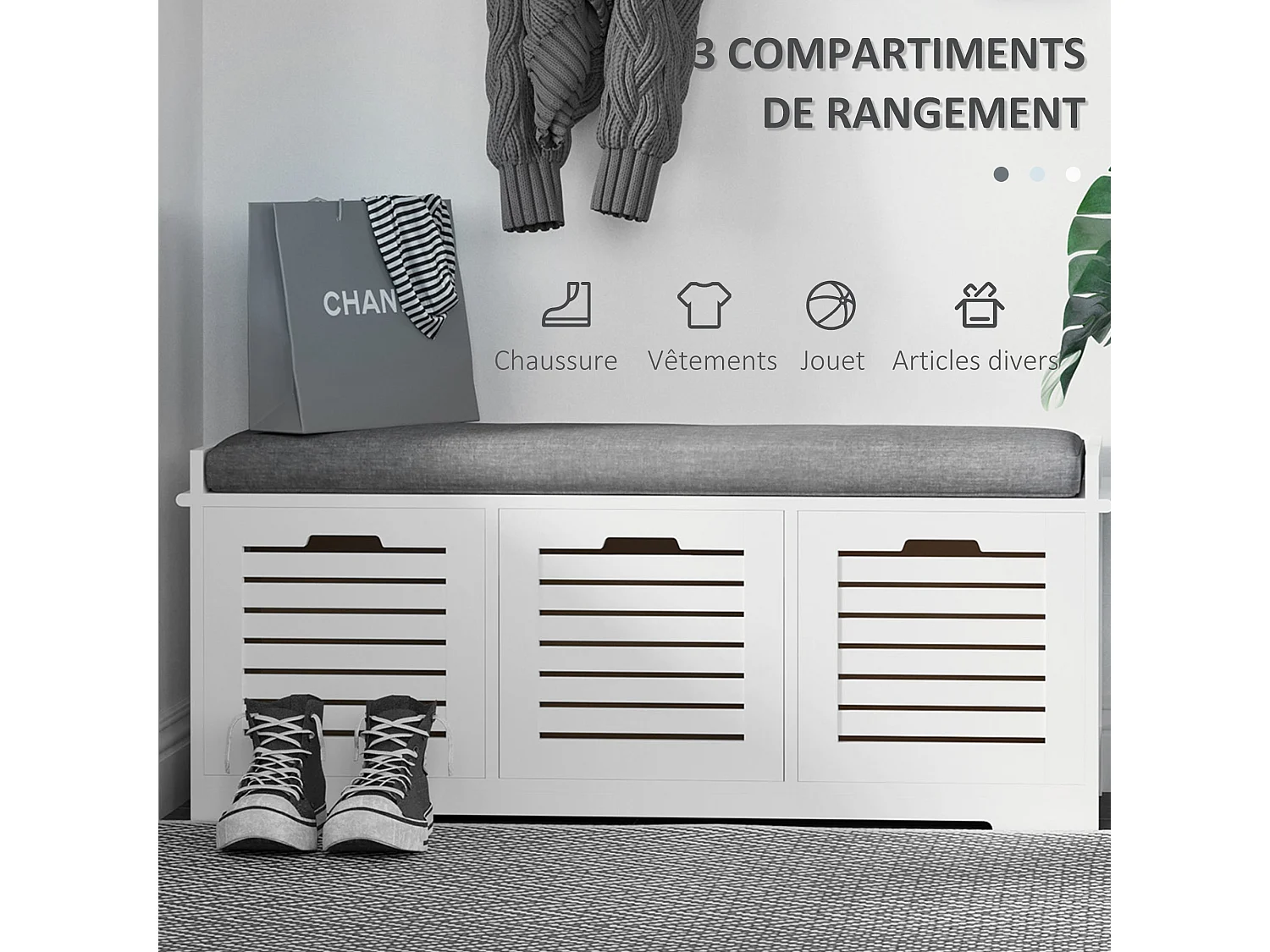 Banc à chaussures 3 tiroirs avec coussin - 108 x 35 x 43 cm - polyester gris MDF blanc