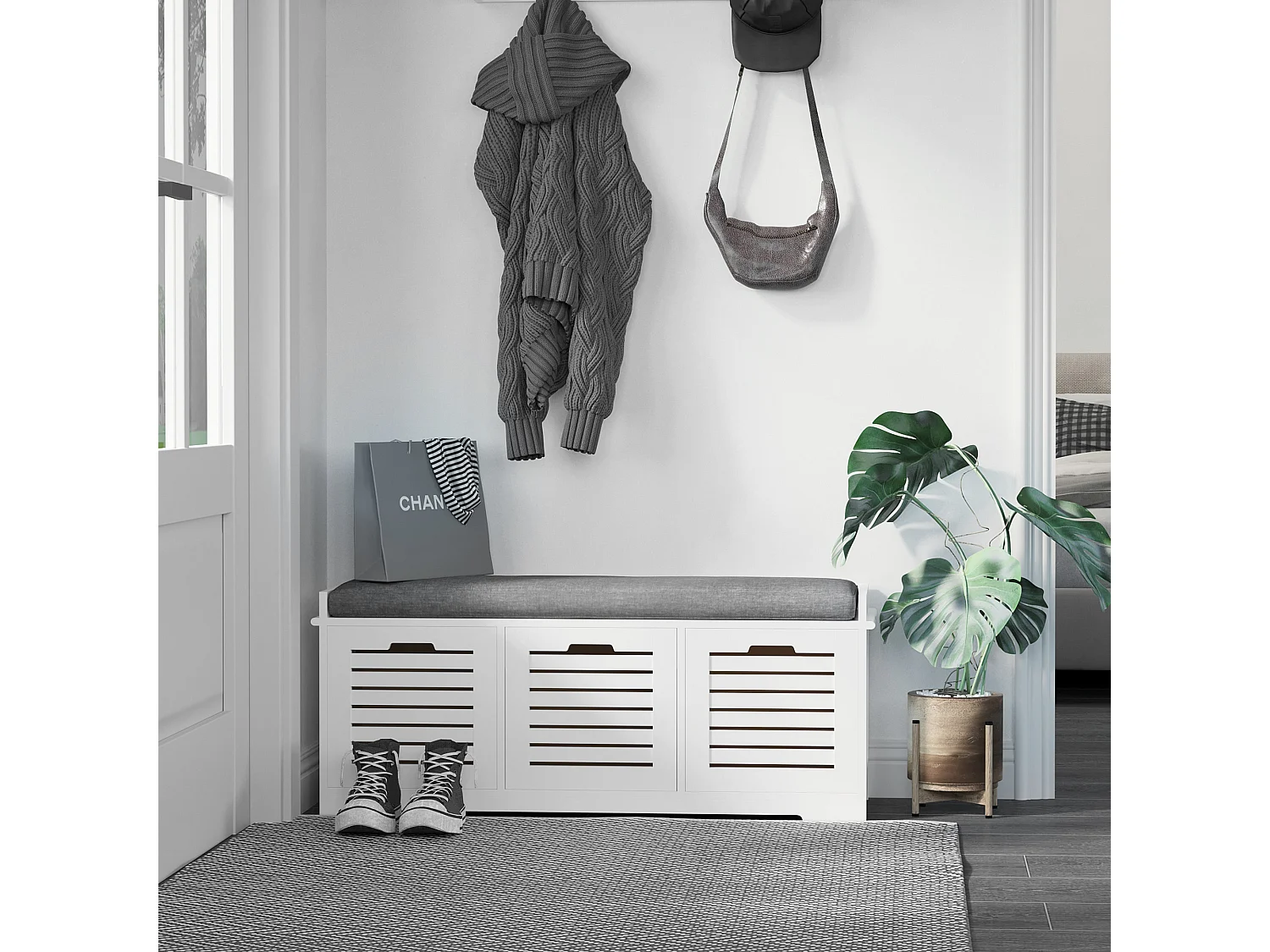 Banc à chaussures 3 tiroirs avec coussin - 108 x 35 x 43 cm - polyester gris MDF blanc