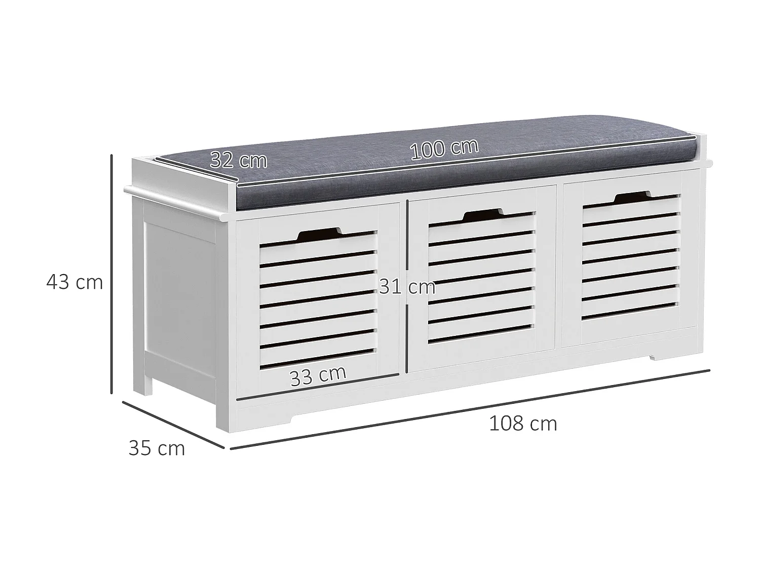 Banc à chaussures 3 tiroirs avec coussin - 108 x 35 x 43 cm - polyester gris MDF blanc