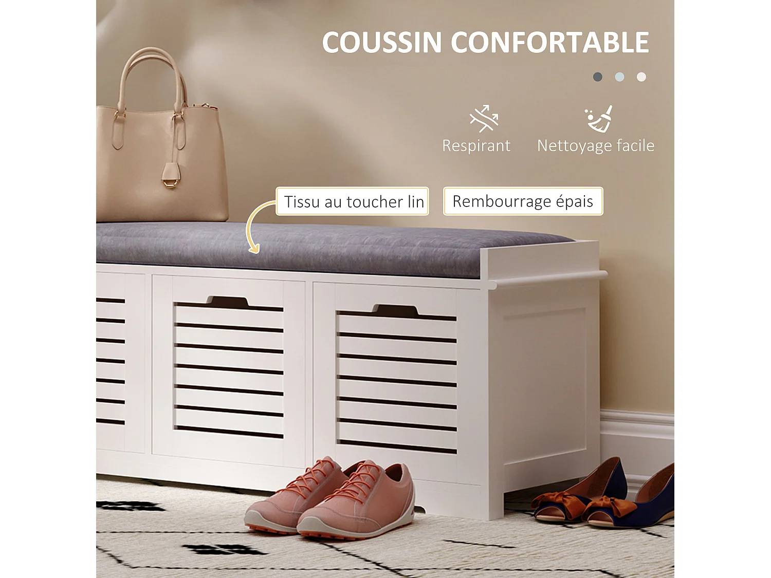 Banc à chaussures 3 tiroirs avec coussin - 108 x 35 x 43 cm - polyester gris MDF blanc