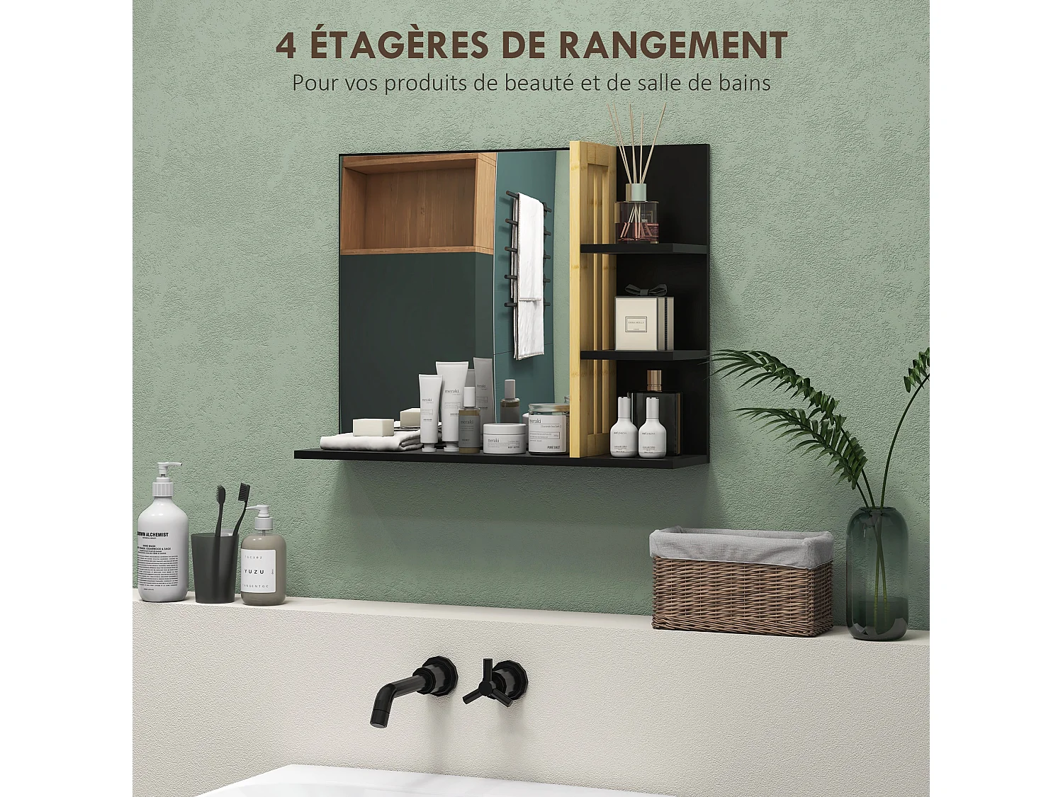 Miroir mural salle de bain - étagères - MDF noir bambou verni