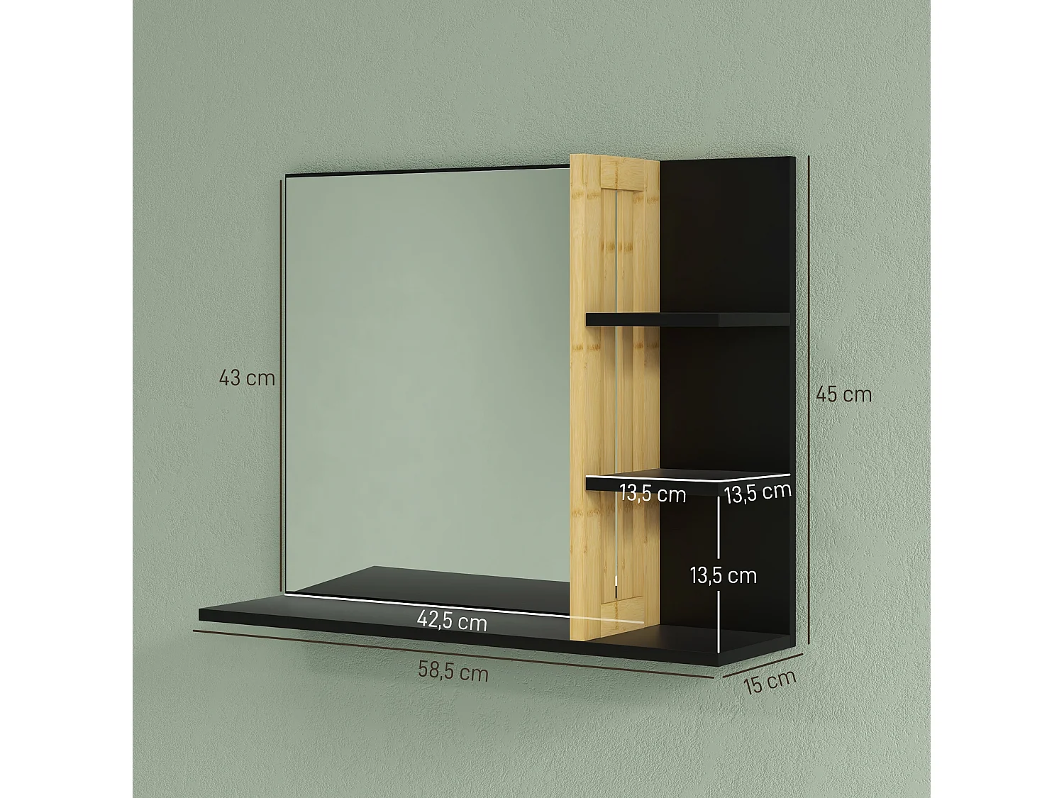 Miroir mural salle de bain - étagères - MDF noir bambou verni