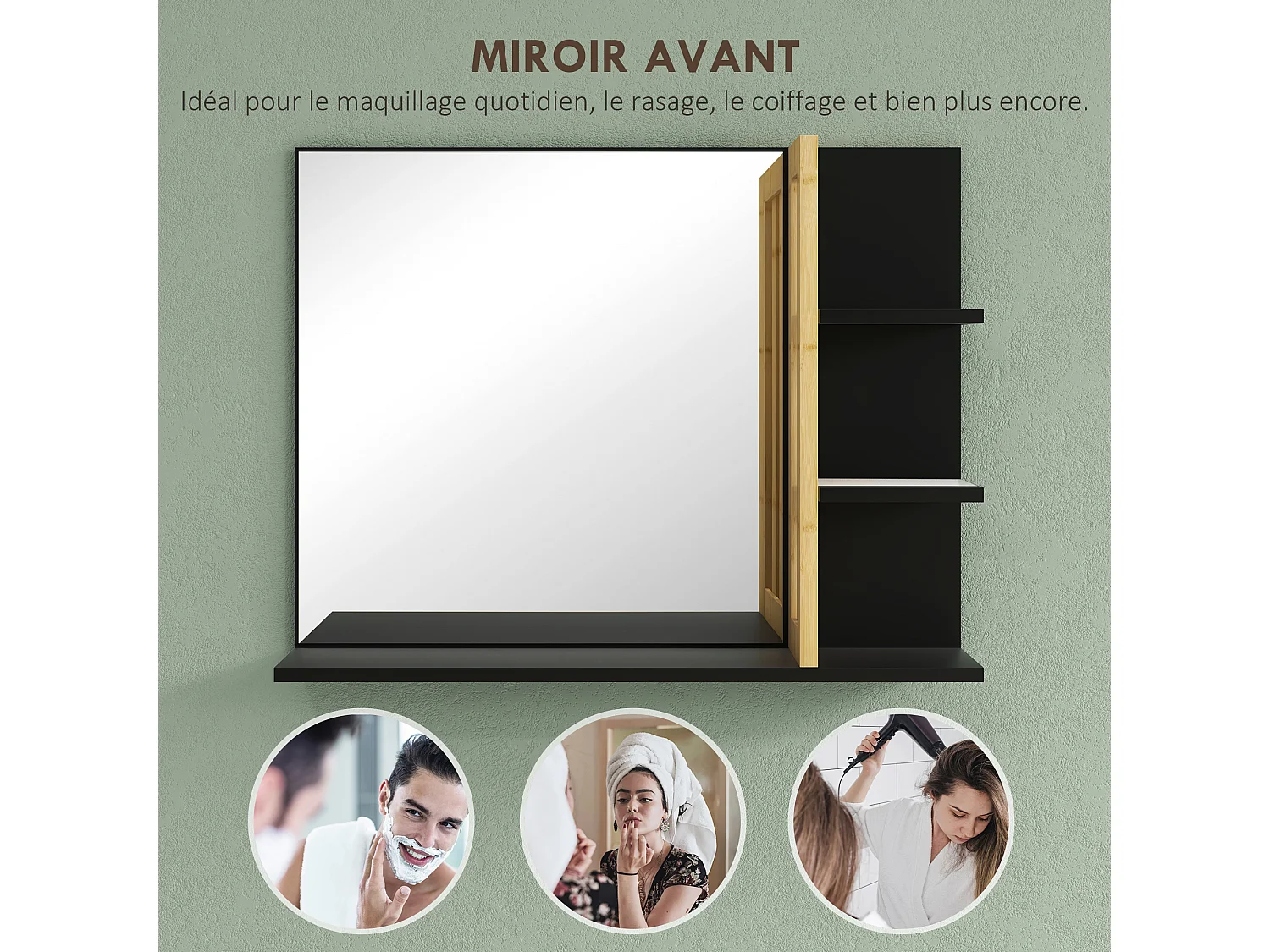 Miroir mural salle de bain - étagères - MDF noir bambou verni