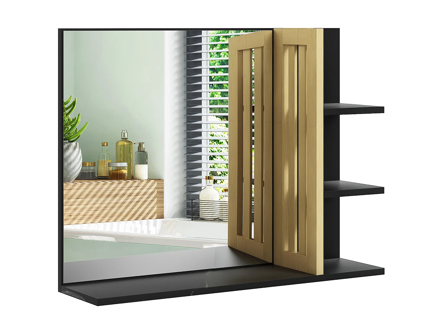 Miroir mural salle de bain - étagères - MDF noir bambou verni
