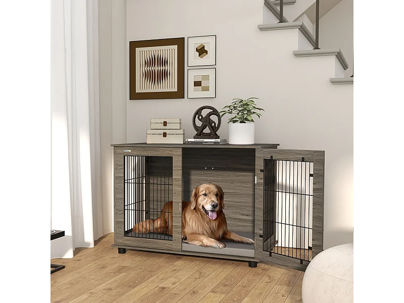 Cage pour chien intérieure dim. 100L x 60l x 73,5H cm - porte verrouillable, coussin déhoussable - acier noir aspect bois gris