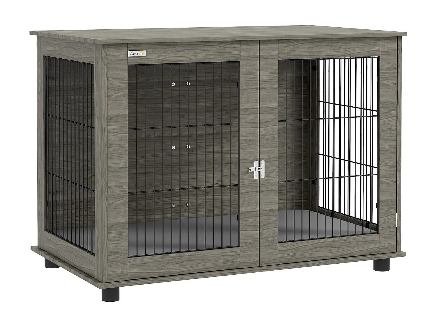 Cage pour chien intérieure dim. 100L x 60l x 73,5H cm - porte verrouillable, coussin déhoussable - acier noir aspect bois gris