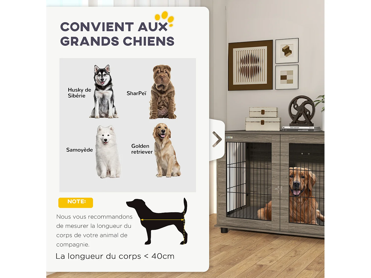 Cage pour chien intérieure dim. 100L x 60l x 73,5H cm - porte verrouillable, coussin déhoussable - acier noir aspect bois gris