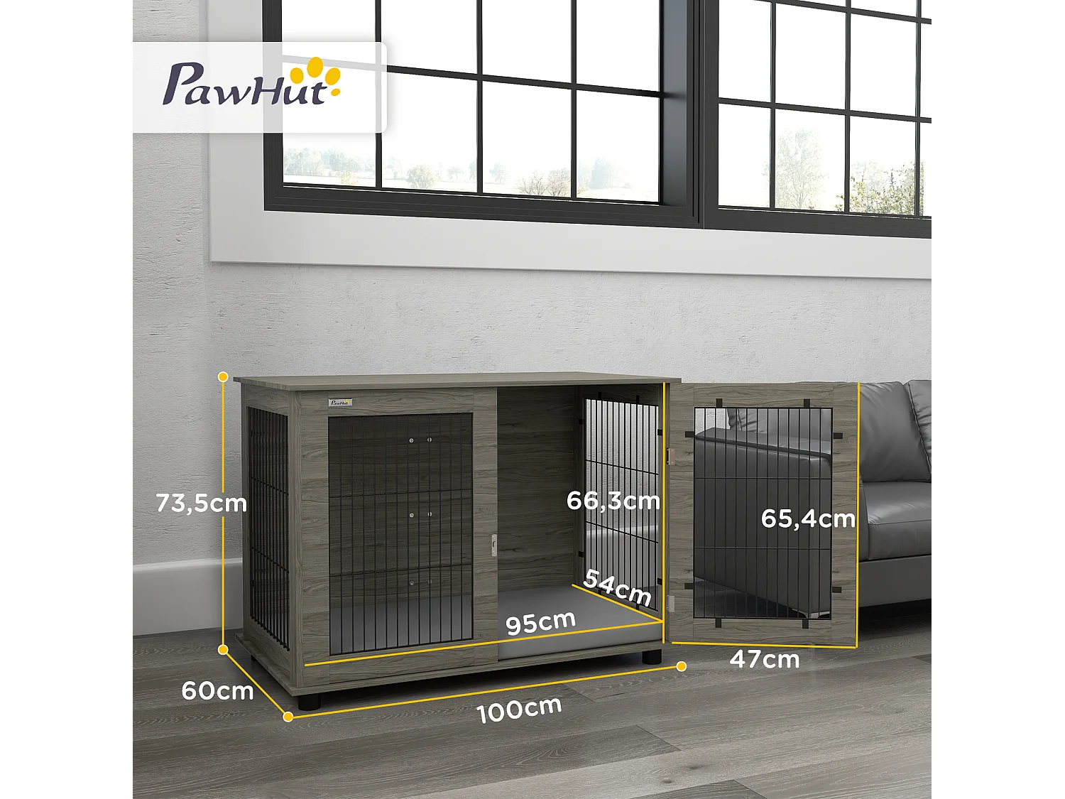 Cage pour chien intérieure dim. 100L x 60l x 73,5H cm - porte verrouillable, coussin déhoussable - acier noir aspect bois gris