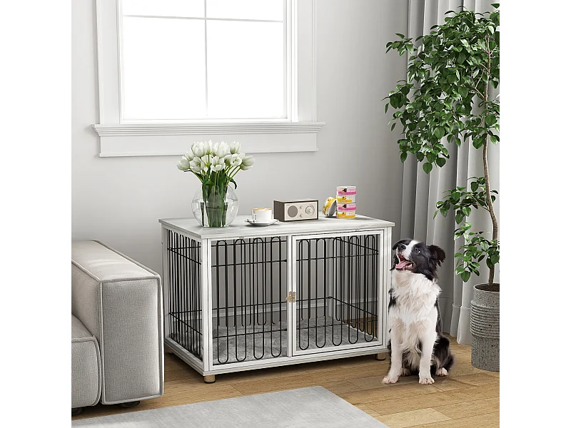 Cage chien avec coussin 90 x 58 x 62 cm - porte verrouillable - effet bois gris clair acier blanc noir