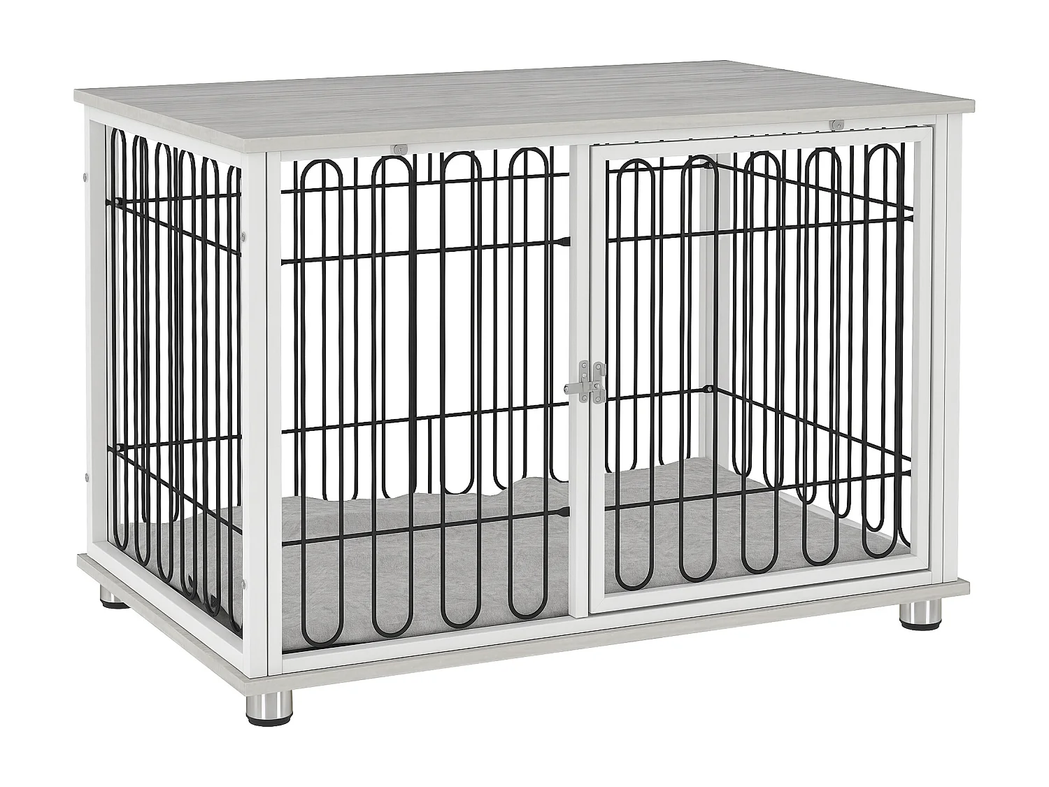 Cage chien avec coussin 90 x 58 x 62 cm - porte verrouillable - effet bois gris clair acier blanc noir