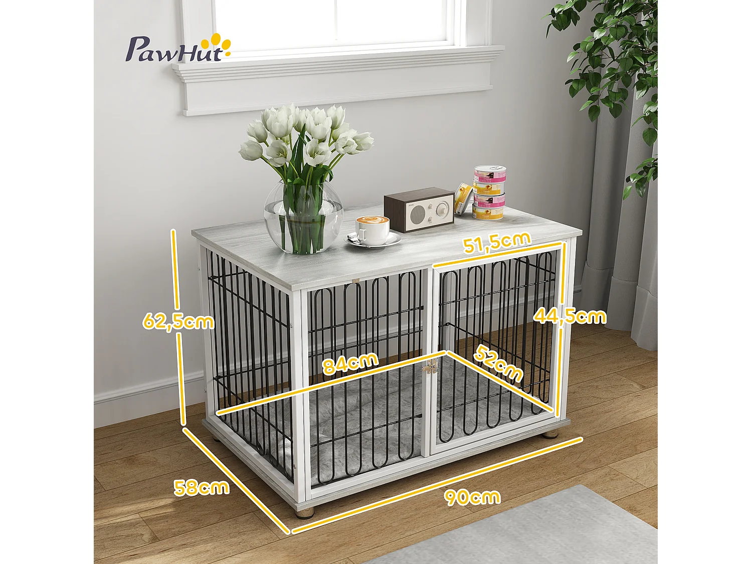 Cage chien avec coussin 90 x 58 x 62 cm - porte verrouillable - effet bois gris clair acier blanc noir