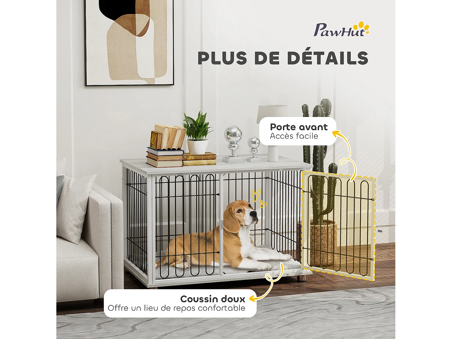 Cage chien avec coussin 90 x 58 x 62 cm - porte verrouillable - effet bois gris clair acier blanc noir
