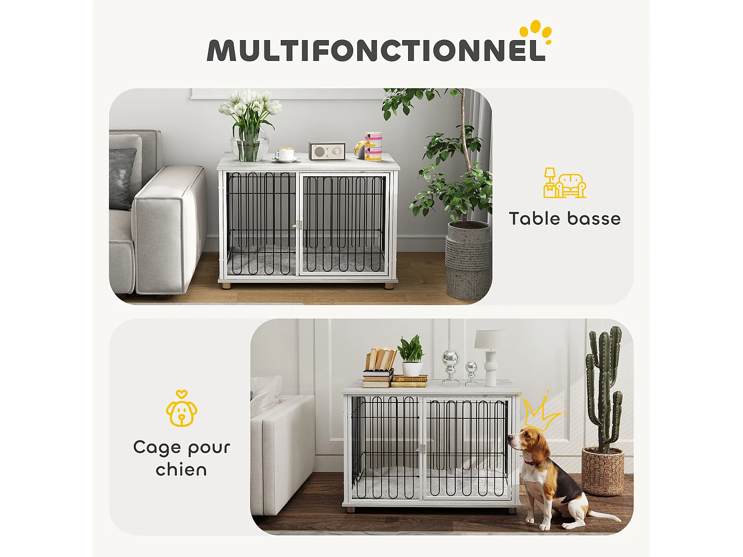 Cage chien avec coussin 90 x 58 x 62 cm - porte verrouillable - effet bois gris clair acier blanc noir