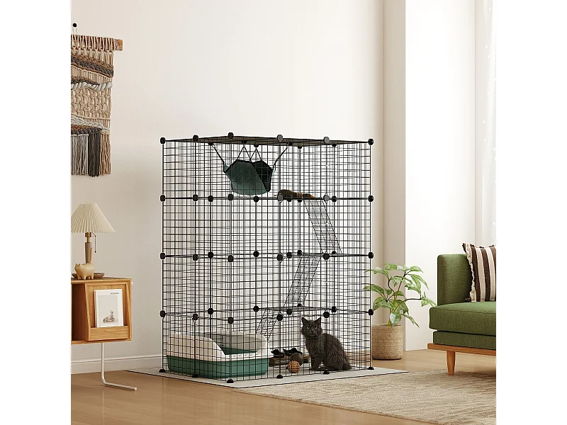 Cage chat intérieur - parc chat DIY - 4 niv. 5 portes hamac plateformes rampes - acier noir