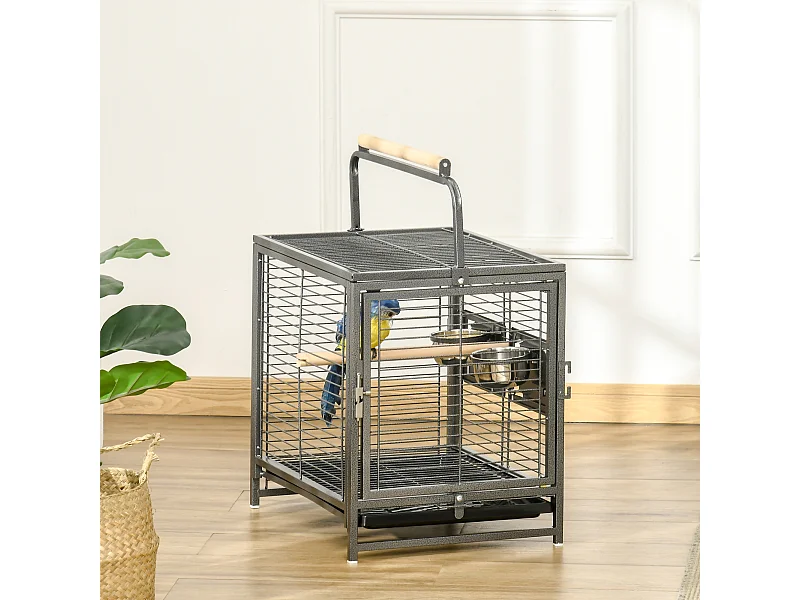 Cage de transport oiseau - cage de transport pour perroquet - porte, 2 trappes de nourrissage - acier gris moucheté