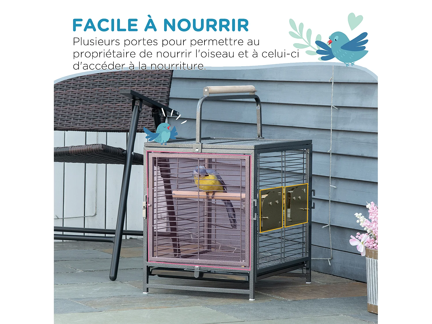 Cage de transport oiseau - cage de transport pour perroquet - porte, 2 trappes de nourrissage - acier gris moucheté