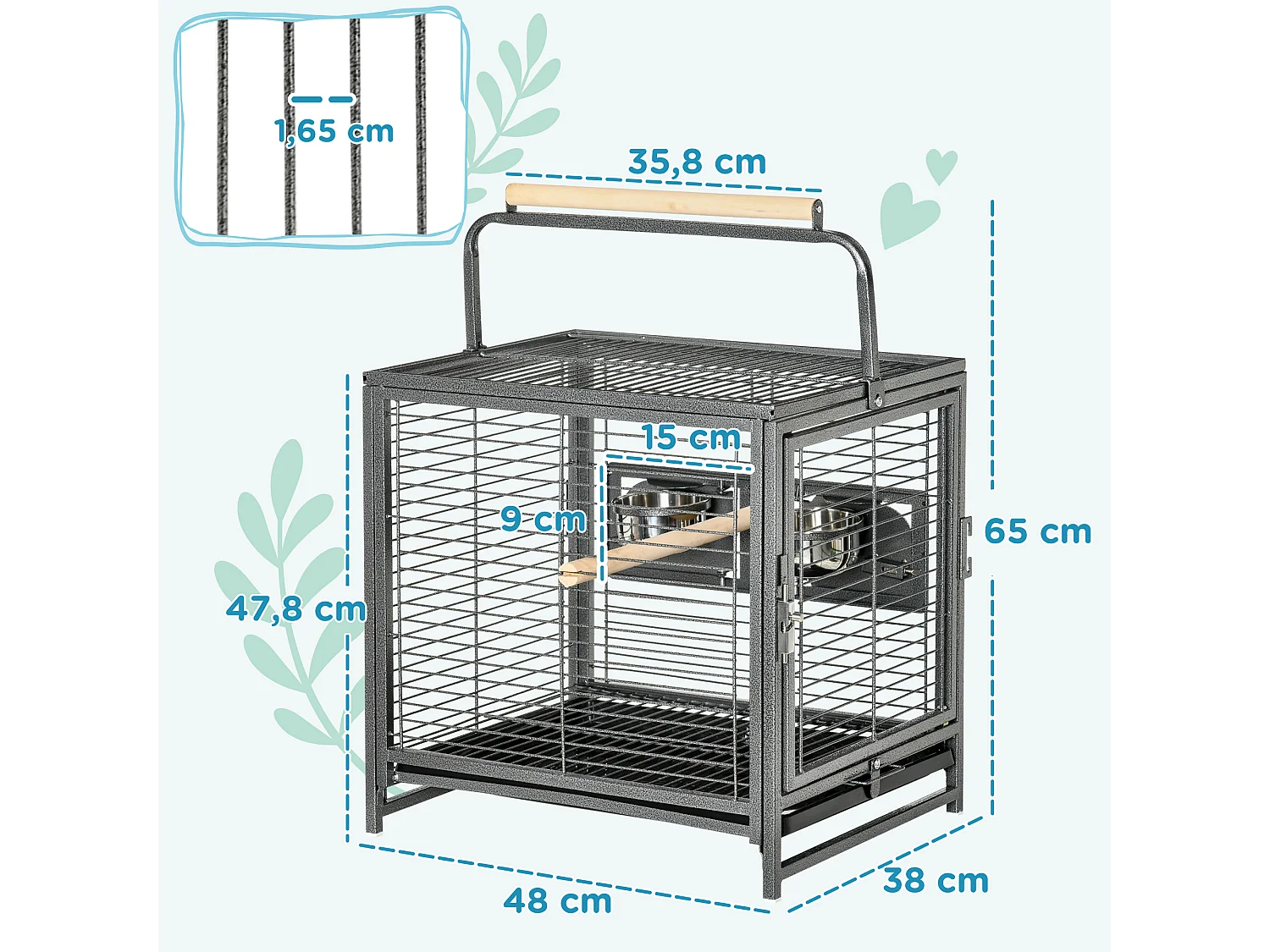 Cage de transport oiseau - cage de transport pour perroquet - porte, 2 trappes de nourrissage - acier gris moucheté