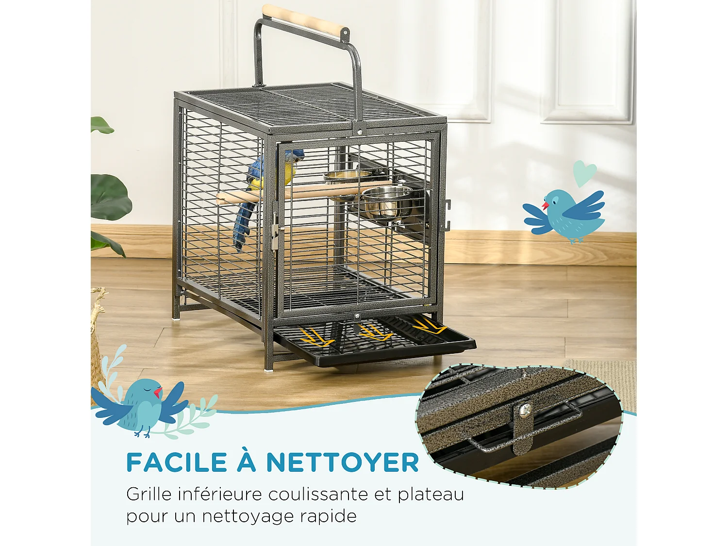 Cage de transport oiseau - cage de transport pour perroquet - porte, 2 trappes de nourrissage - acier gris moucheté