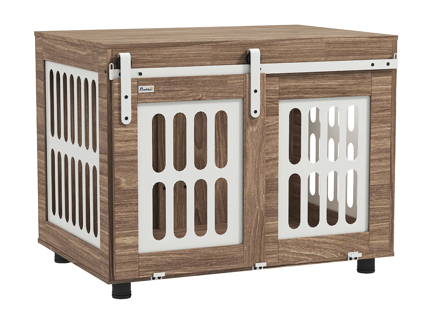 Cage pour chien en bois - porte coulissante verrouillable - dim. 80 x 59 x 63 cm - acier beige effet bois noyer