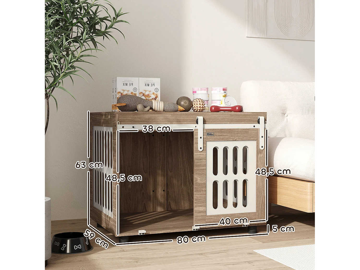 Cage pour chien en bois - porte coulissante verrouillable - dim. 80 x 59 x 63 cm - acier beige effet bois noyer