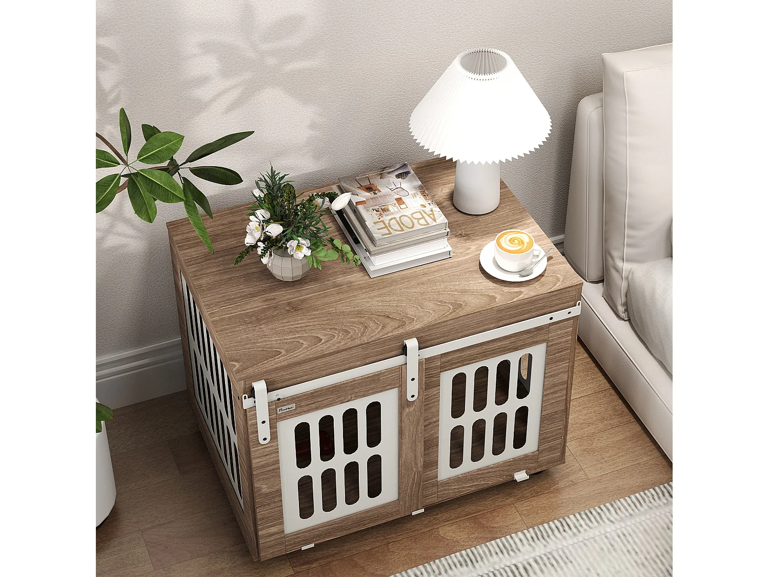 Cage pour chien en bois - porte coulissante verrouillable - dim. 80 x 59 x 63 cm - acier beige effet bois noyer