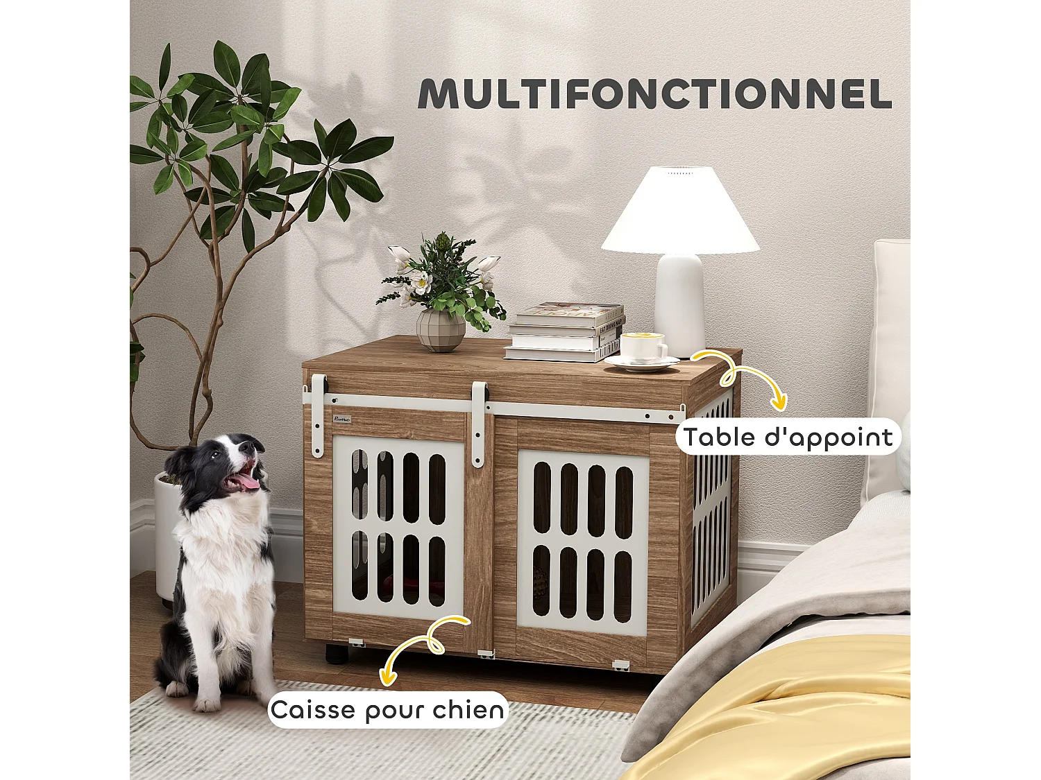 Cage pour chien en bois - porte coulissante verrouillable - dim. 80 x 59 x 63 cm - acier beige effet bois noyer
