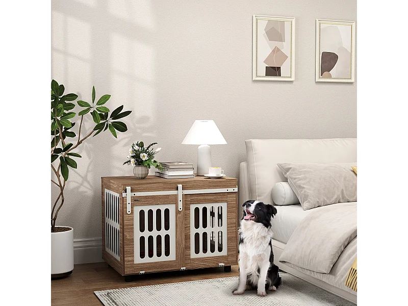 Cage pour chien en bois - porte coulissante verrouillable - dim. 80 x 59 x 63 cm - acier beige effet bois noyer