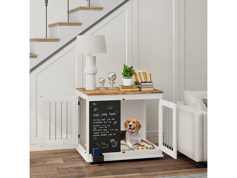 Cage pour chien intérieur - cage d'intérieur design - 2 portes - tableau noir pour craie - barreaux acier