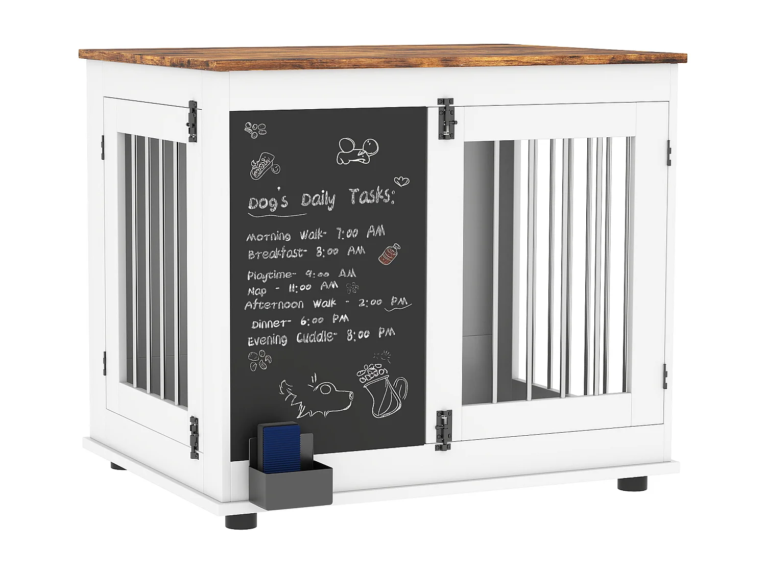 Cage pour chien intérieur - cage d'intérieur design - 2 portes - tableau noir pour craie - barreaux acier