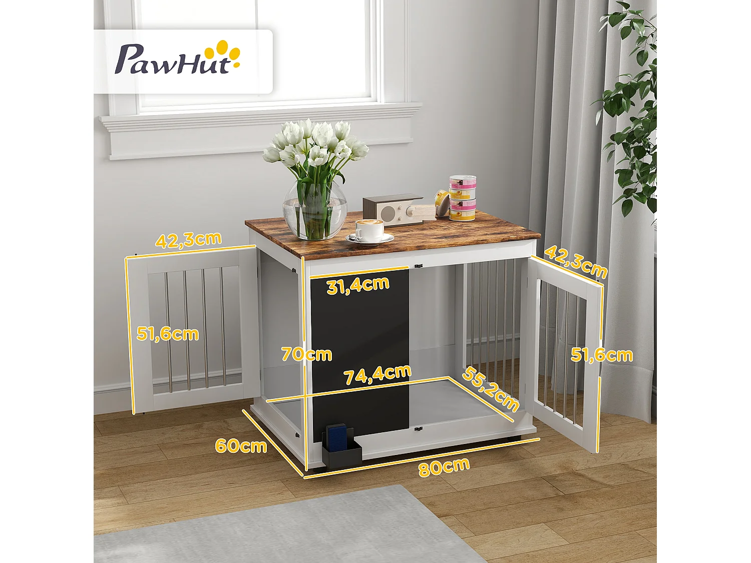 Cage pour chien intérieur - cage d'intérieur design - 2 portes - tableau noir pour craie - barreaux acier