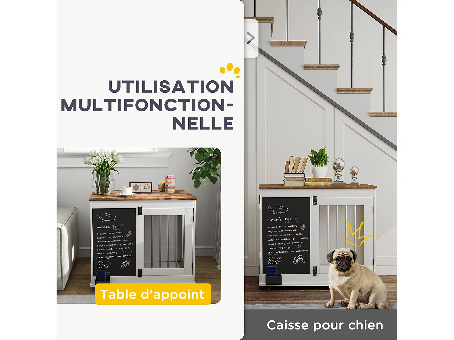 Cage pour chien intérieur - cage d'intérieur design - 2 portes - tableau noir pour craie - barreaux acier