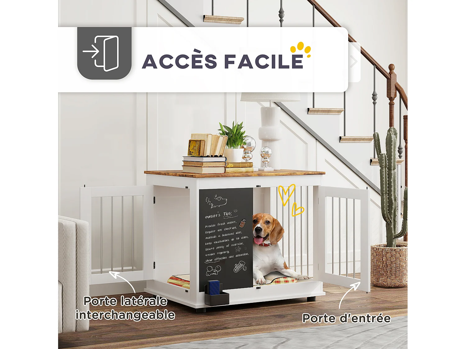 Cage pour chien intérieur - cage d'intérieur design - 2 portes - tableau noir pour craie - barreaux acier