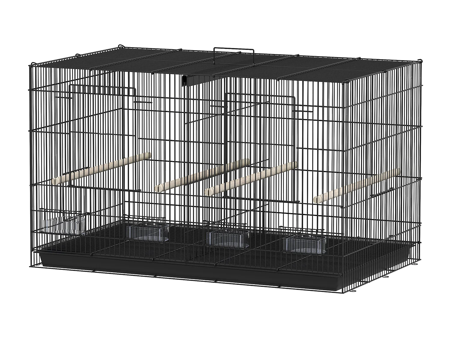 Cage à oiseaux volière acier avec séparateur - 4 perchoirs, mangeoires, portes, trappes, plateau déjection - noir