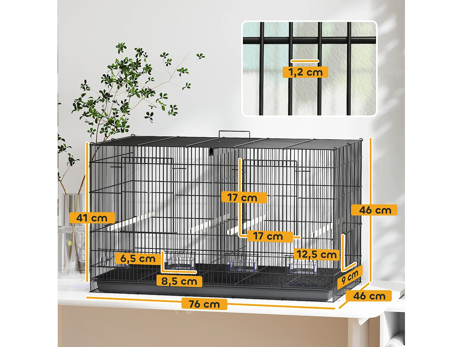 Cage à oiseaux volière acier avec séparateur - 4 perchoirs, mangeoires, portes, trappes, plateau déjection - noir