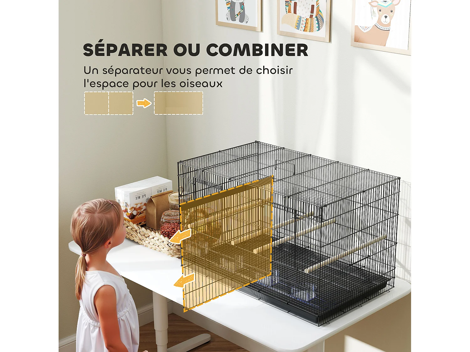 Cage à oiseaux volière acier avec séparateur - 4 perchoirs, mangeoires, portes, trappes, plateau déjection - noir