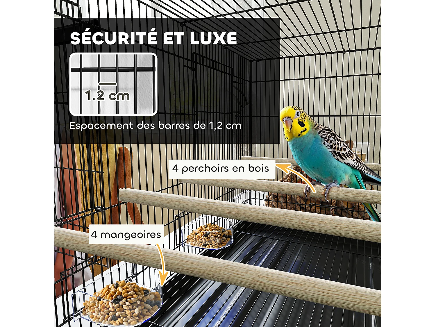 Cage à oiseaux volière acier avec séparateur - 4 perchoirs, mangeoires, portes, trappes, plateau déjection - noir