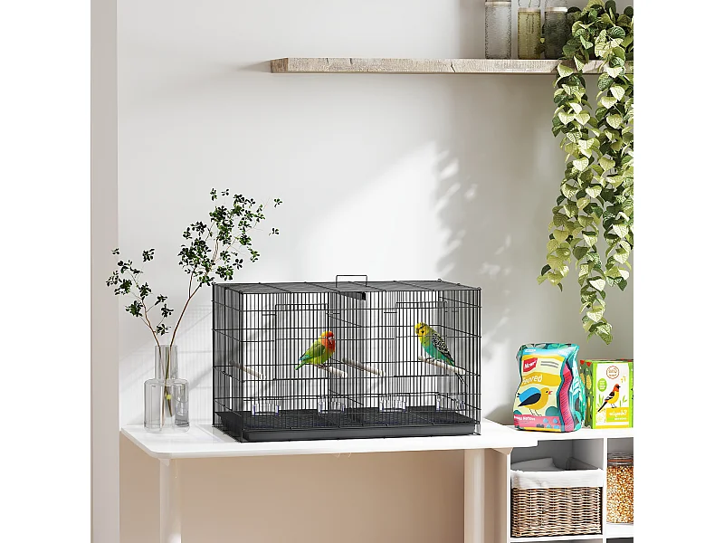 Cage à oiseaux volière acier avec séparateur - 4 perchoirs, mangeoires, portes, trappes, plateau déjection - noir