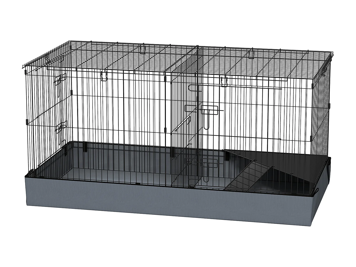 Cage pour cochon d'inde avec séparation 2 zones - plateforme observation, rampe, portes - acier noir PVC tissu gris